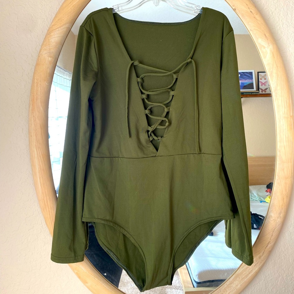 Sexy, form-fitting, army green body suit